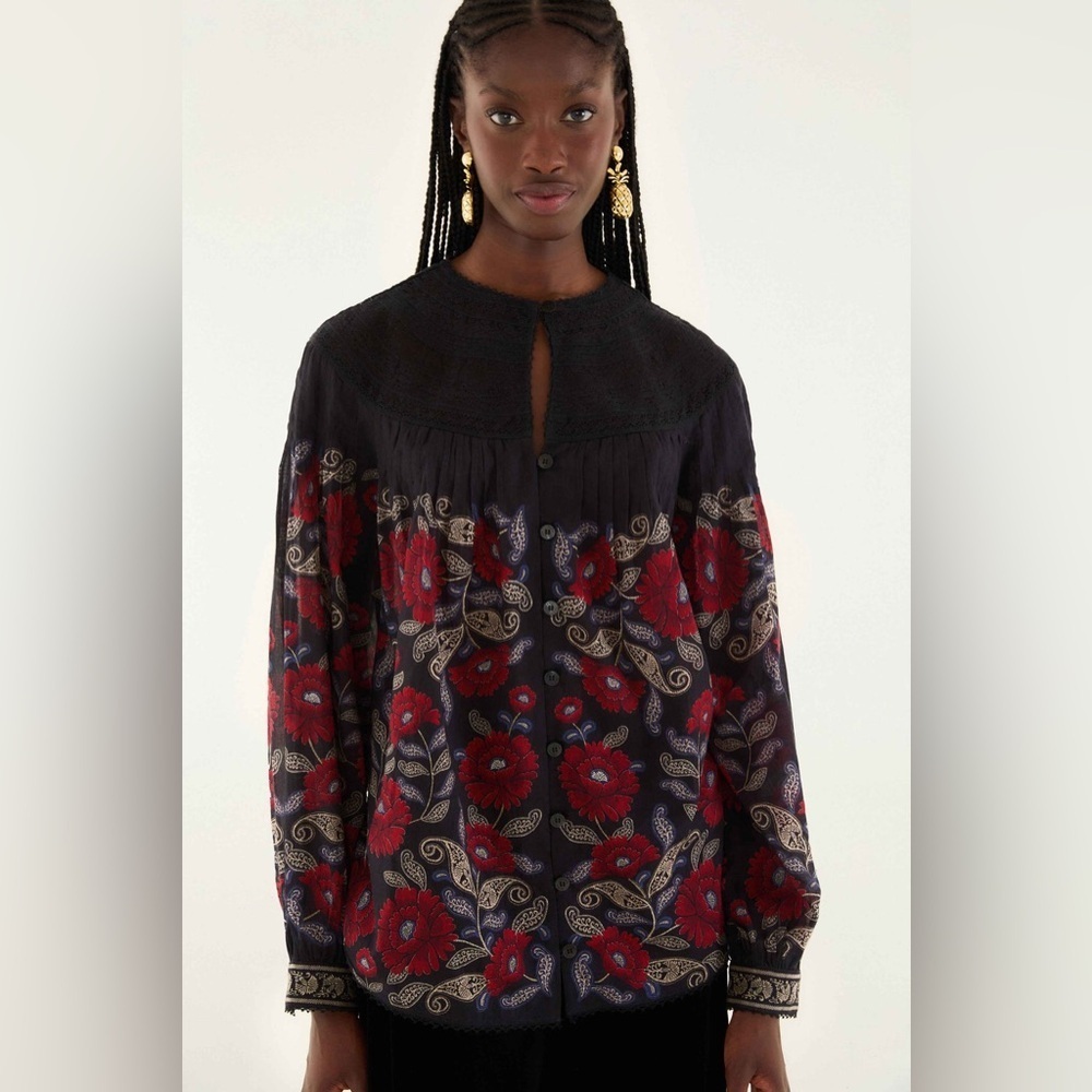 Farm Rio: Black Valentina Long Sleeve Blouse